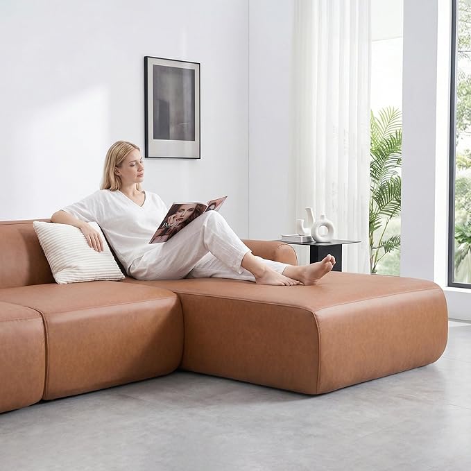 105” Modular Faux Leather Cloud Couch, Deep Seat L-Shaped Sectional with Removable Wipe-Clean Covers and Replaceable Cover Design for Living Room (Orange, 3 Seater+Right Facing Chaise)