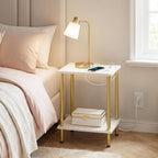 HOOBRO Side Table with Charging Station, End Table with USB Port and Outlet, Nightstand with 2-Layer Storage Shelves for Small Spaces, Living Room, Bedroom, Stable Frame, White and Gold DW09UBZ01