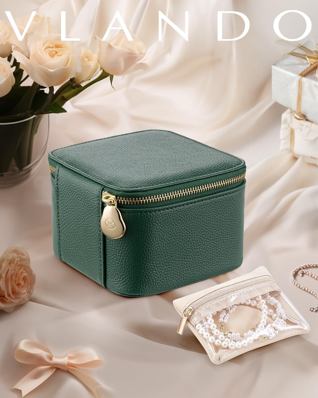 Vlando Gifts for Teachers,Travel Jewelry Box with 6 Velvet Jewelry Zipper Pockets Jewelry Case Premium Petal Hardware Travel Jewelry Organizer Graduation Gifts (Green)