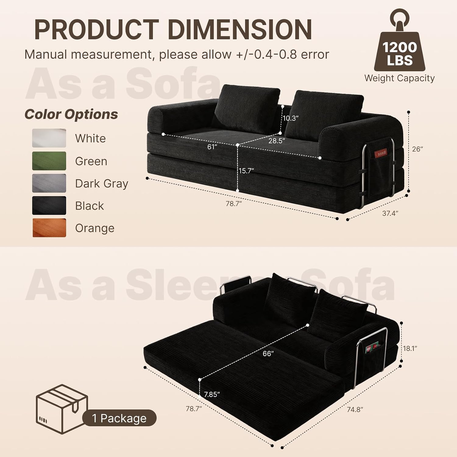 78" Convertible Sofa Bed, Corduroy Futon Couch with Storage Pocket, Boneless Pull Out Sleeper Sofa, Foldable Couch for Living Room Bedroom, No Assembly Space Saver, Black