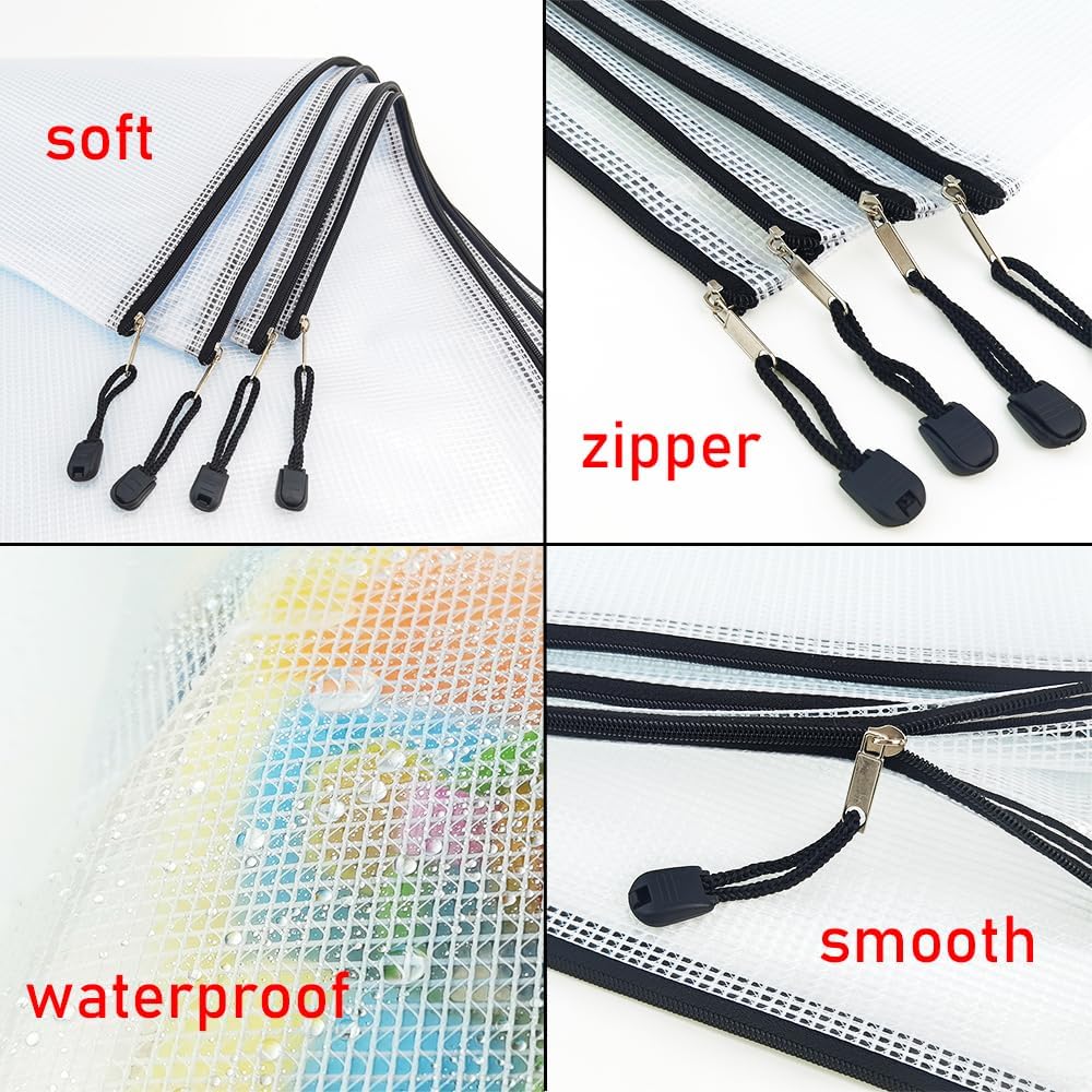 AUSTARK 20 Pcs Zipper File Bags, Plastic Mesh Pouch, Board Game Storage Bag, Waterproof Bags for Office School (A4 Size 13.4''x9.4'', White and Black)