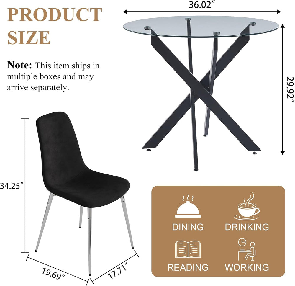 36” Round Glass Dining Table Set for 4, Clear Tempered Glass Kitchen Table wi...