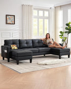 TYBOATLE 116’’ W Black Faux Leather Sectional Couch w/USB and Cup Holders for Living Room, Comfy Tufted U Shaped Sofa w/Chaise Lounge, Office Leather Sofa for Bedroom