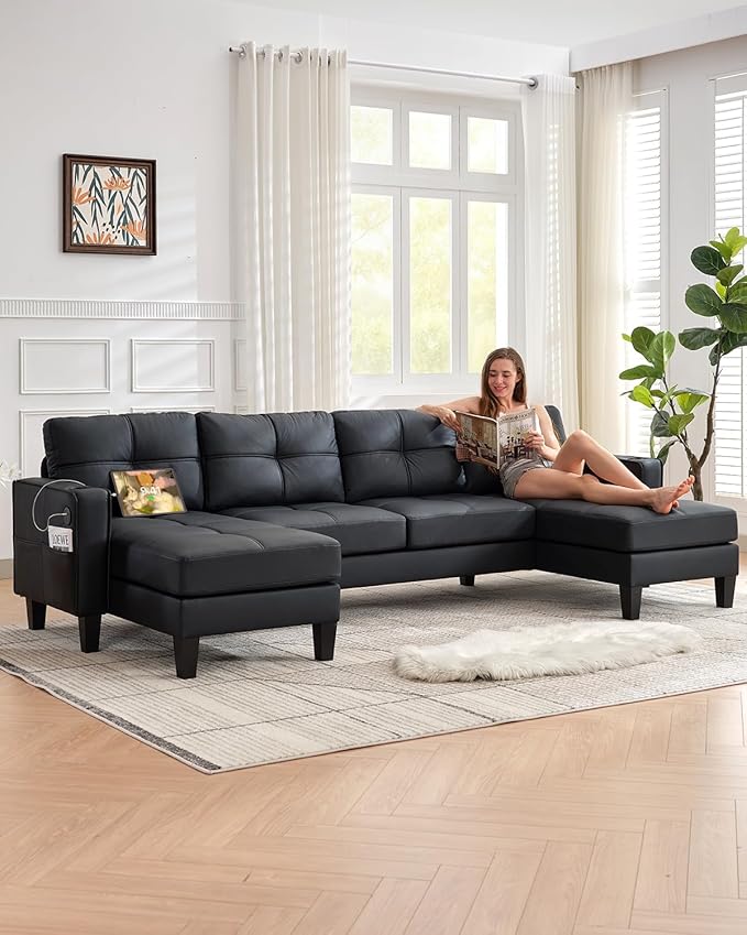 TYBOATLE 116’’ W Black Faux Leather Sectional Couch w/USB and Cup Holders for Living Room, Comfy Tufted U Shaped Sofa w/Chaise Lounge, Office Leather Sofa for Bedroom