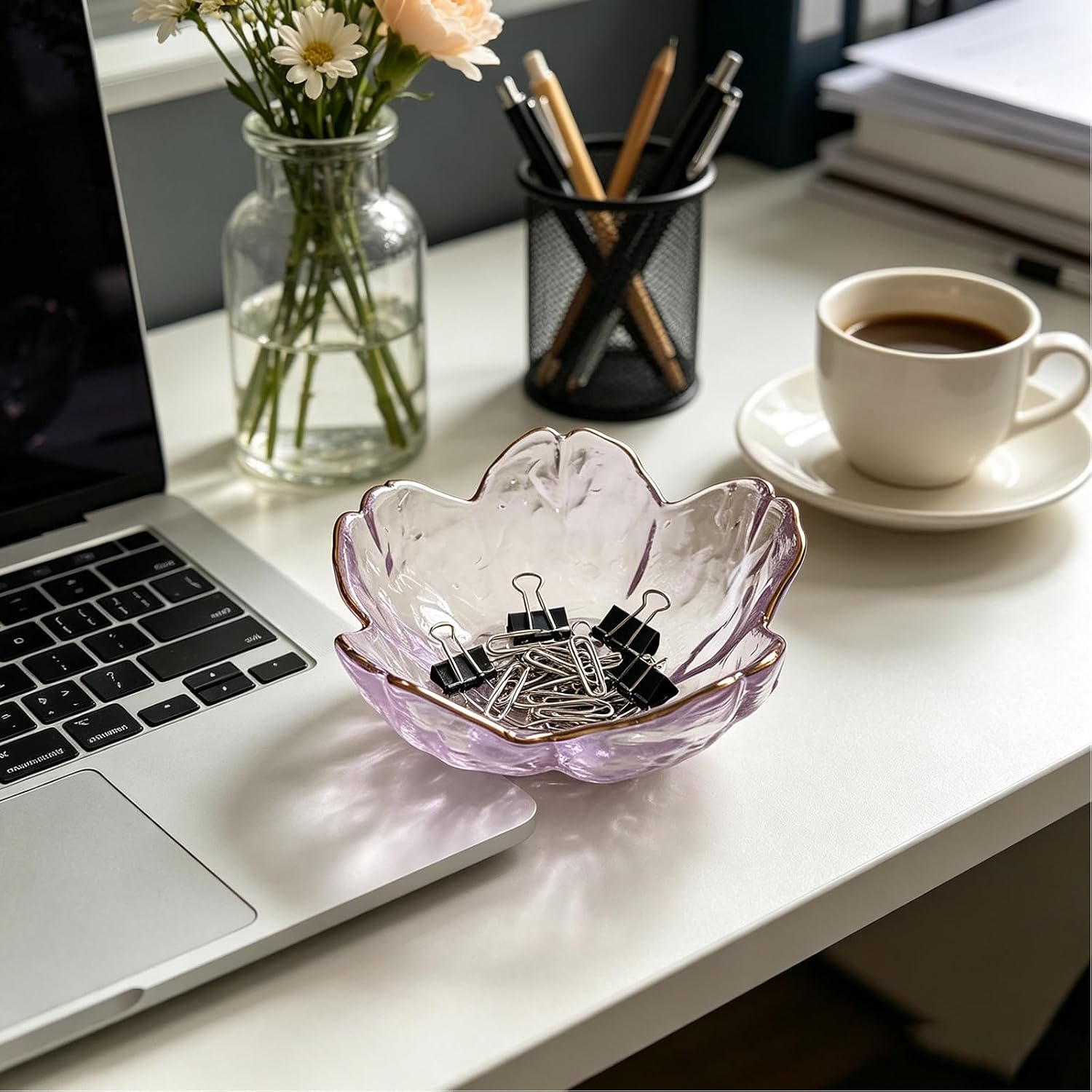 Small Jewelry Dish Tray, Flower Ring Dish Jewelry Tray, Nightstand Decor Glass Trinket Dish, Jewlery Plate Crystal Ring Holder Dish, Gifts Engagement Jewelry Bowl Dish for Rings, Earrings (Purple)
