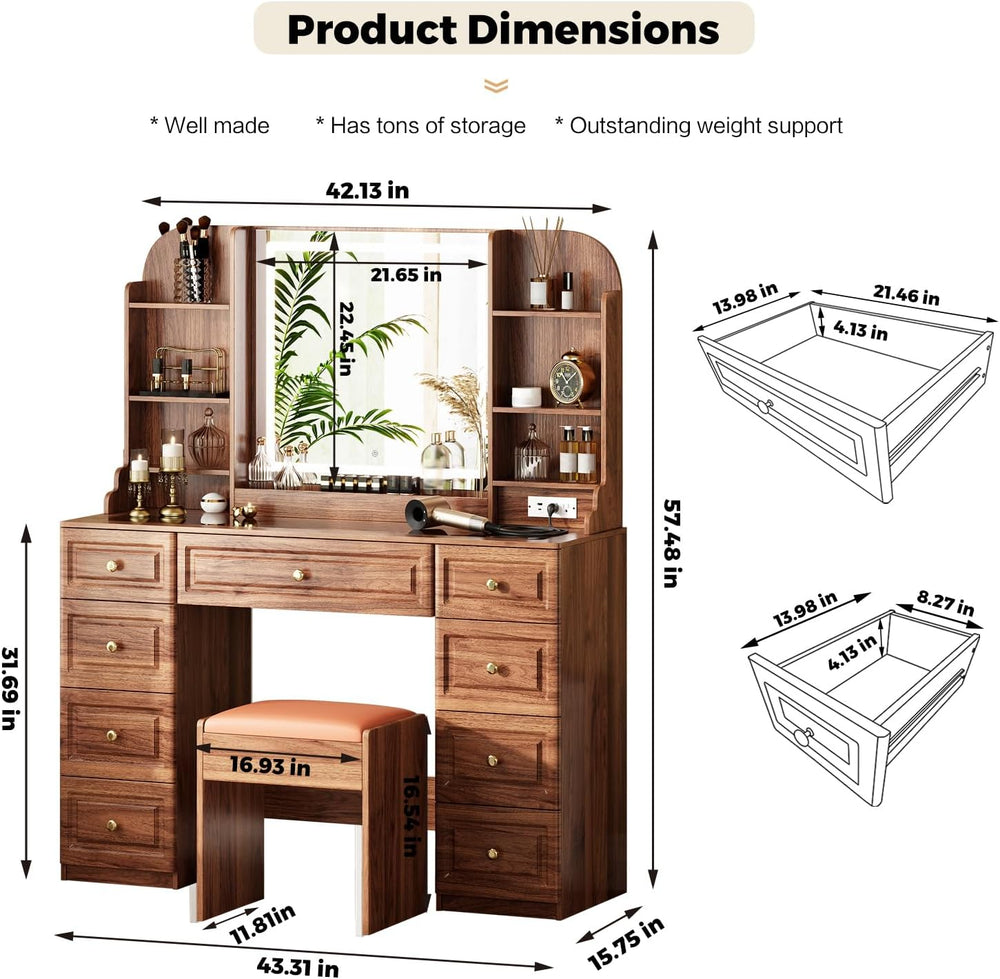 Arulvmrn 43” Wooden Makeup Vanity Set with Mirror and Lighted,Modern Vanity D...