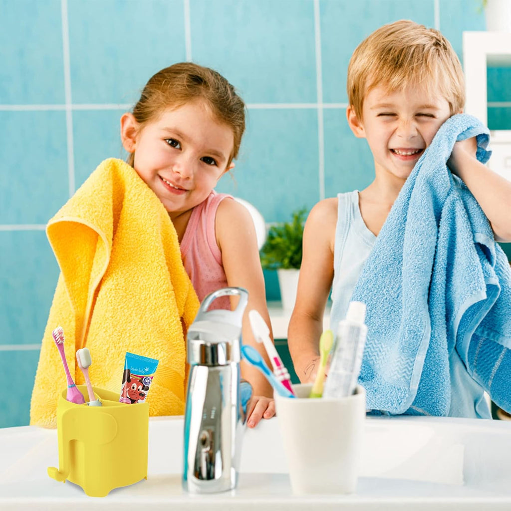 Kids Toothbrush Holder, Cute Elephant Toothbrush Holders for Toddler, Toothbrush Toothpaste Holder for Bathroom, Toothbrush Organizer with 3 Slots and a Hook, Yellow