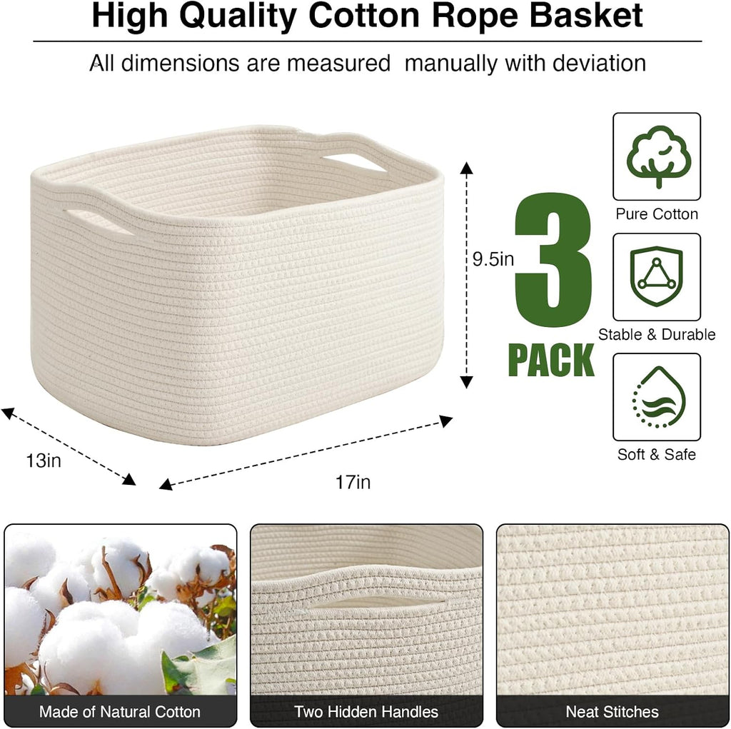 ICERZCZ Large Storage Baskets for Organizing Shelves, Woven Cotton Rope Bins for Baby Nursery Organization, Book Toy Towel Organizer, 17"x13"x9.5", 3 Packs, Off White