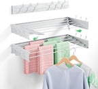 Wall Mounted Drying Rack 31.5", Foldable Clothes Drying Rack with 6 Towel Hooks and 5 Rods for Hanging Clothes, Space Saving Laundry Rack for Indoor Outdoor Bathroom Balcony Laundry Room(31.5")