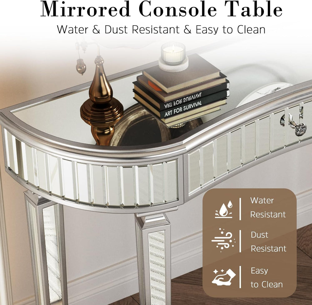 Half-Moon Mirrored Sofa Table with Storage, Semi Circle Entryway Console Tabl...
