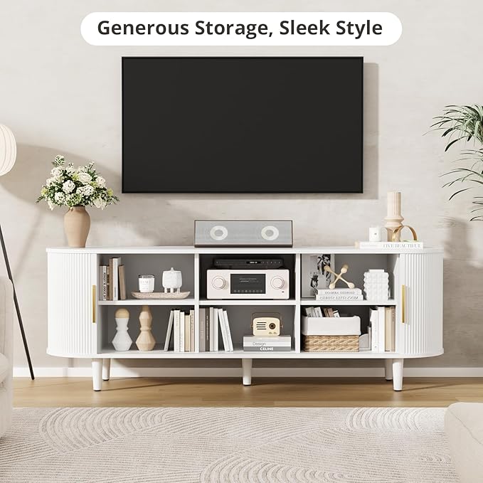 VOWNER 63" Fluted TV Stand, Modern Entertainment Center for TVs Up to 65" with Adjustable Shelves and Sliding Doors, Curved Media Console Table with Storage Cabinet for Living Room Bedroom (White)