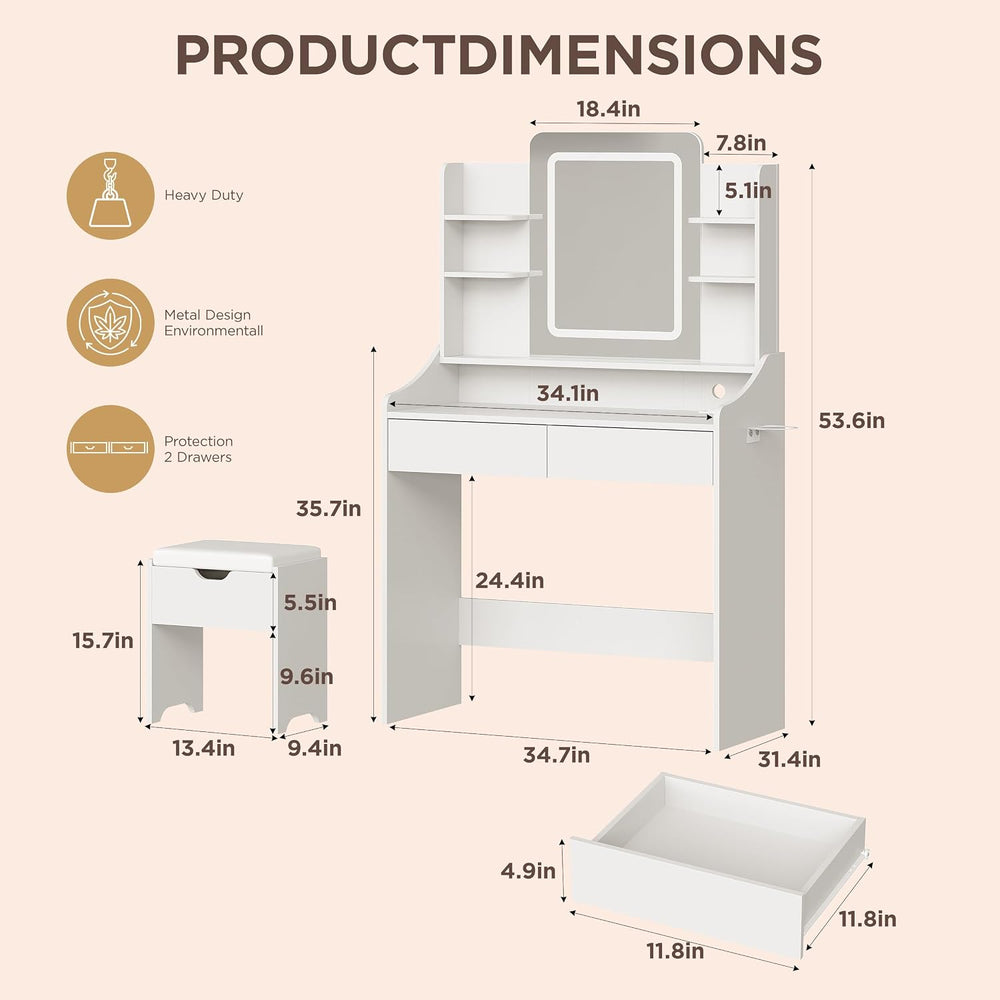 Vabches Vanity Desk with Mirror and Lights, Vanity with Lighted Mirror | Whit...