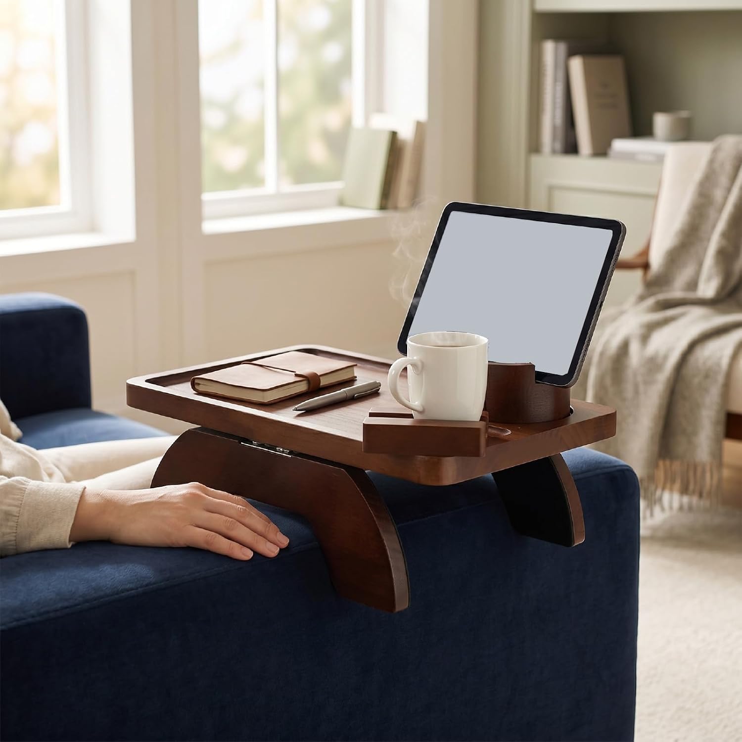 AUNMAS Sofa Arm Tray, Pine Material No Slip 3 in 1 Foldable Wood Couch Armrest Table with Cup Holder Rotating Phone Stand for Dining Watching TV (Brown)
