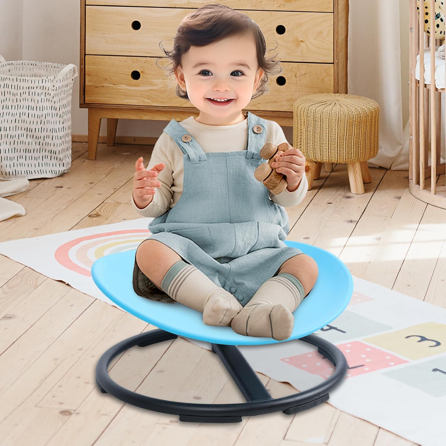 Sensory Spinning Chair for Kids, Autisms Swivel Chair for Body Coordination Training, Sit and Spin Toy, Non-Slip Metal Base, Indoor and Outdoor Activity Toy for Children Blue
