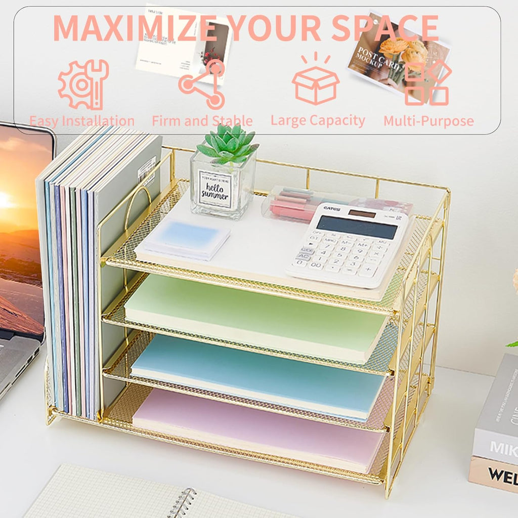 OPNICE 4-Tier Paper Organizer with Magazine Holder, Desk Organizers and Accessories, Office Desk Accessories & Workspace Organizers, Desktop File Organizer for Office Supplies Storage, Gold