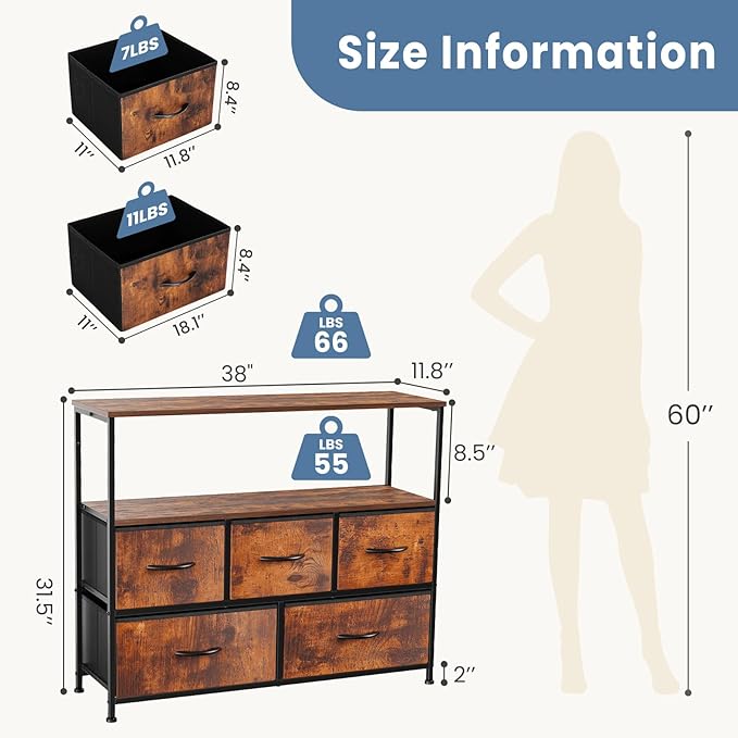 DUMOS TV Stand, Dresser with 5 Fabric Storage Drawers, Media Console Featuring Open Shelf for TV, Compact Entertainment Unit for Bedroom, Living Space, or Dorm Organization, Brown