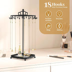 MODOWEY Rotating Metal Necklace Holder Organizer Stand with Acrylic Tray, 18 Hooks Small Jewelry Display Tree for Pendant Bracelet Storage, Compact Chain Hanger Rack for Women Men Space Saving, Black