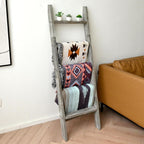 Blanket Ladder, 5ft Rectangle Rung Rustic Solid Wood Decor Rack, Grey | 5 rungs, farmhouse quilt display holder, showcase picture frames or plants, leaning wall, bathroom and living room use