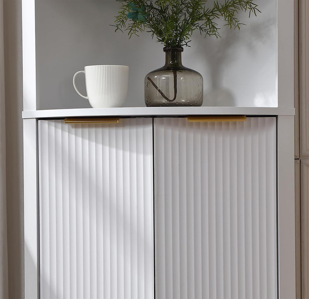 FOREST GRAVITY Modern Corner Storage Cabinet with Fluted Doors | For Kitchen; For Bathroom; Glass Doors; Fluted Design; Large Storage; Pentagon Design; White