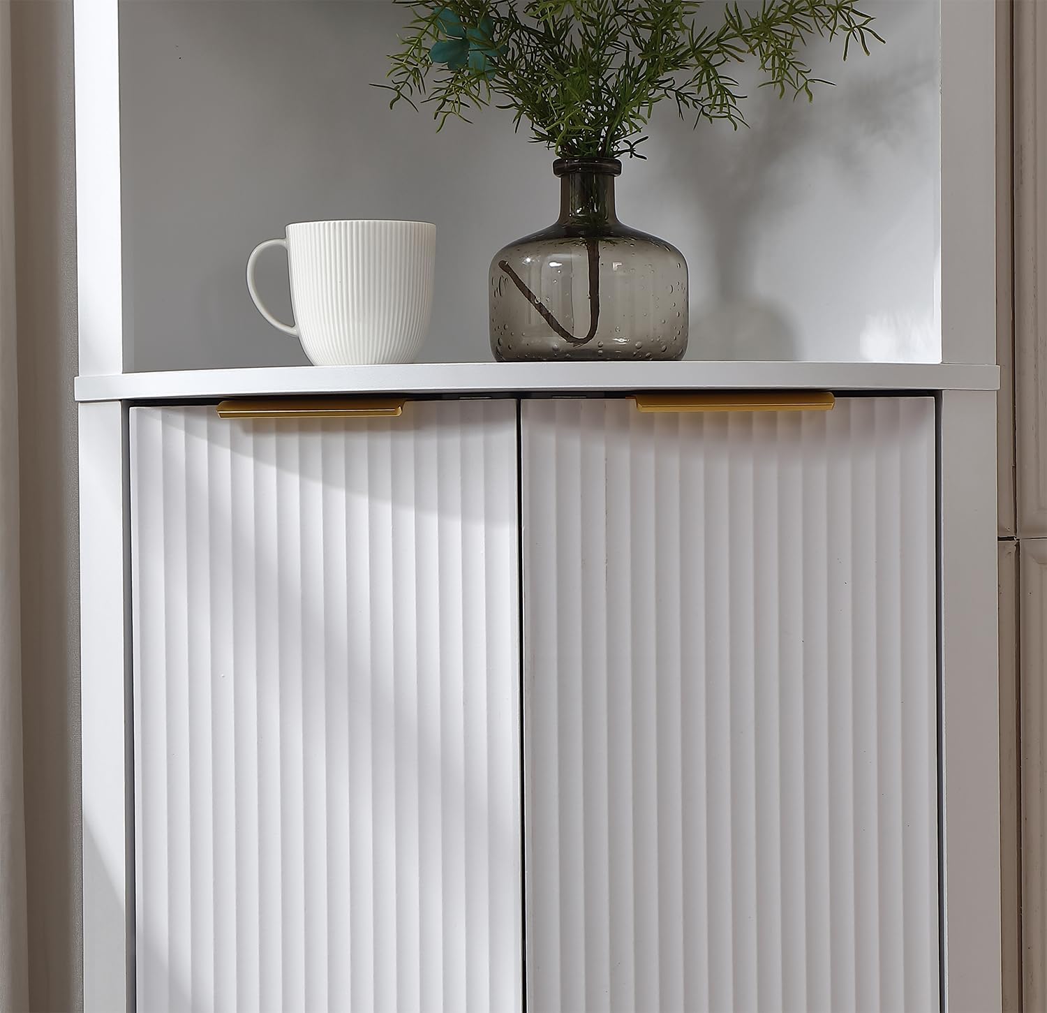 FOREST GRAVITY Modern Corner Storage Cabinet with Fluted Doors | For Kitchen; For Bathroom; Glass Doors; Fluted Design; Large Storage; Pentagon Design; White