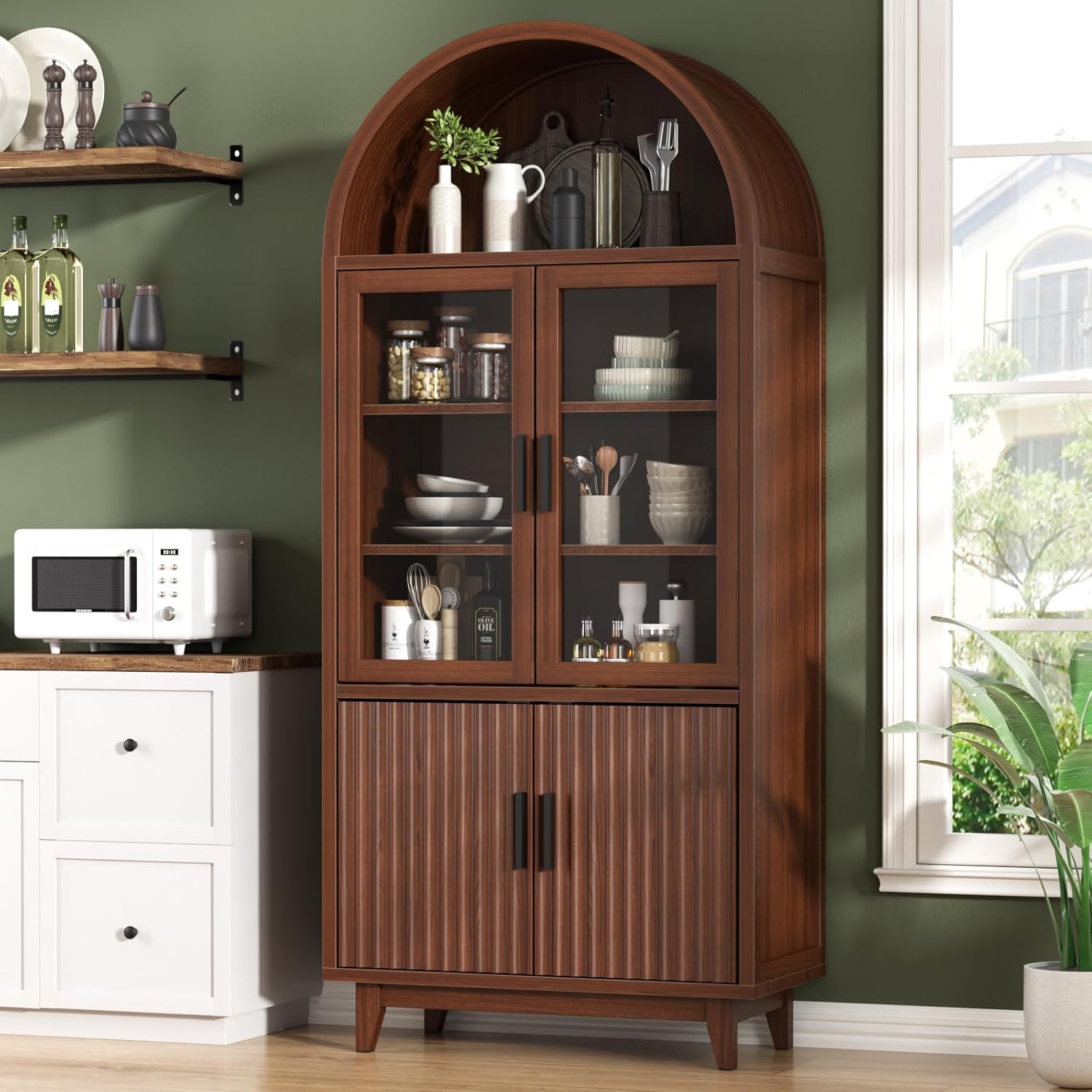FiveWillowise Kitchen Pantry Cabinet with Glass Doors - Arched Design, Solid Wood Legs, Artistic Fluted Door, Adjustable Shelves, 70.8" Curved Storage Cabinet for Kitchen, Dining Room