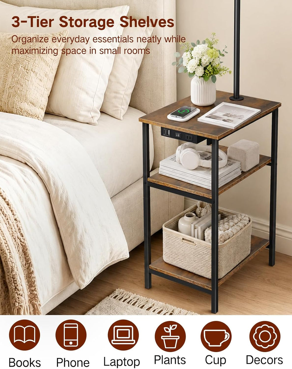 Floor Lamp with Side Table & Charging Station, End Table with 3 Color Tem...