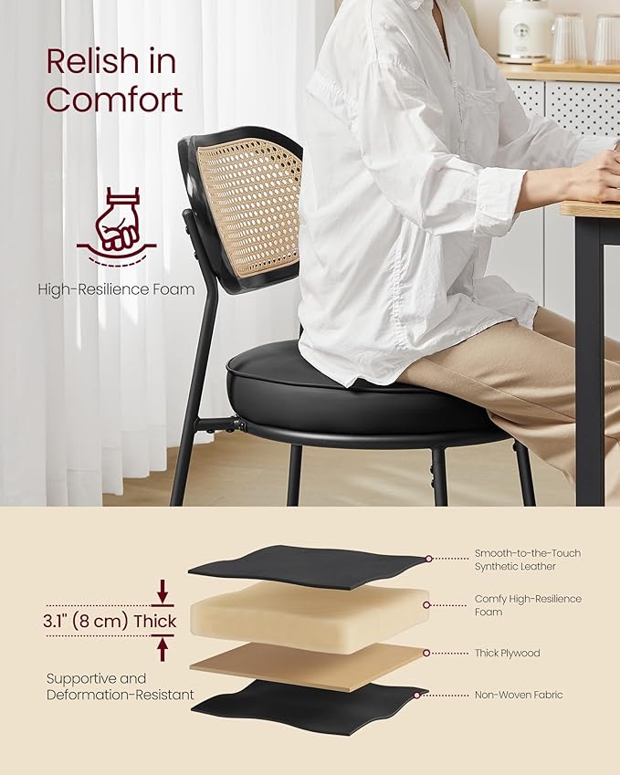VASAGLE Dining Chairs, Set of 4 Accent Chair for Dining Room Kitchen, with Boho PE Rattan Back, Synthetic Leather Upholstery, Ink Black ULDC160B24