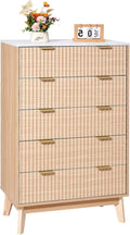VEVOR 5 Drawer 48" Tall Fluted Bedroom Dresser, Modern Chest of Drawers with Gold Metal Handles, Faux Marble Top, Wood Dresser Closet Storage Organizer for Living Room, Hallway, Entryway, Natural Oak
