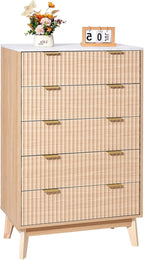 VEVOR 5 Drawer 48" Tall Fluted Bedroom Dresser, Modern Chest of Drawers with Gold Metal Handles, Faux Marble Top, Wood Dresser Closet Storage Organizer for Living Room, Hallway, Entryway, Natural Oak