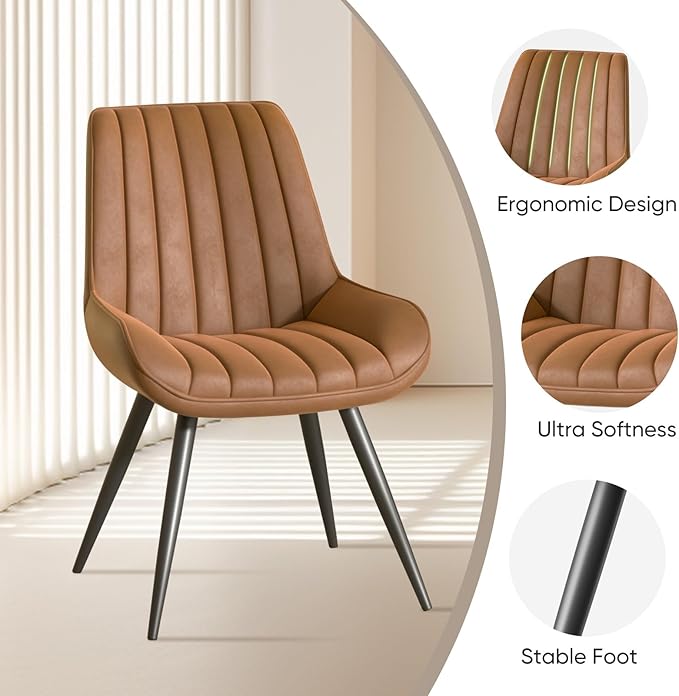 Nalupatio Modern Dining Chairs Set of 2, Fabric Dining Room Chairs with Thick Cushioned Backrest and Seat, Comfortable Fabric Upholstered Side Chairs with Metal Legs for Kitchen, Brown