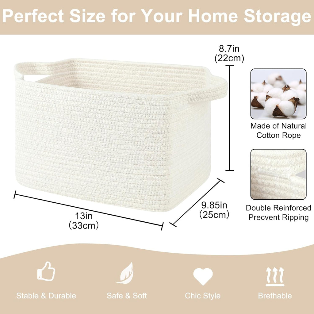 Storage Baskets for Organizing, Woven Baskets for Shelves, Rectangle Decorative Organizer for Storage Clothes, Toy, Books, Towels Nursery Bins 3 Pack (White, 13"x9.85"x8.7")