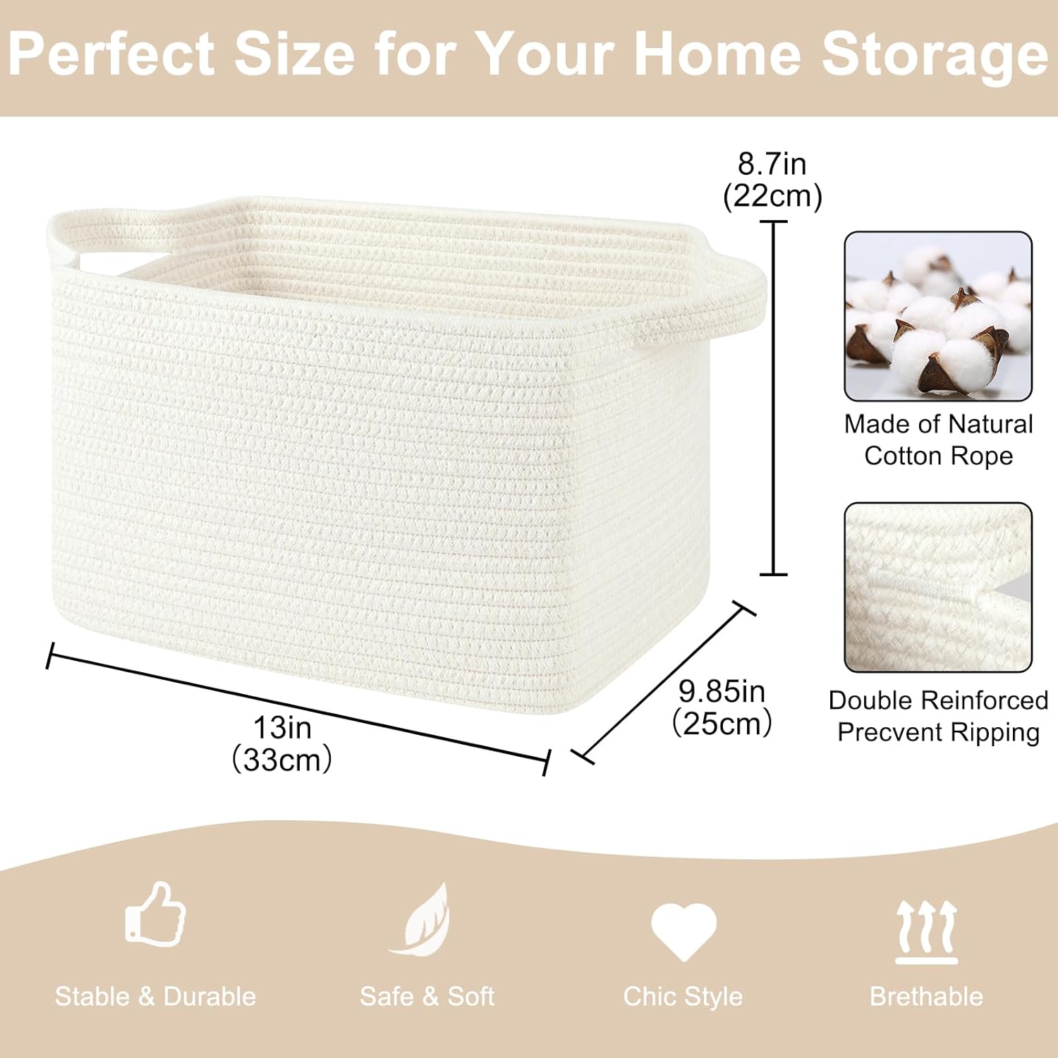 Storage Baskets for Organizing, Woven Baskets for Shelves, Rectangle Decorative Organizer for Storage Clothes, Toy, Books, Towels Nursery Bins 3 Pack (White, 13"x9.85"x8.7")