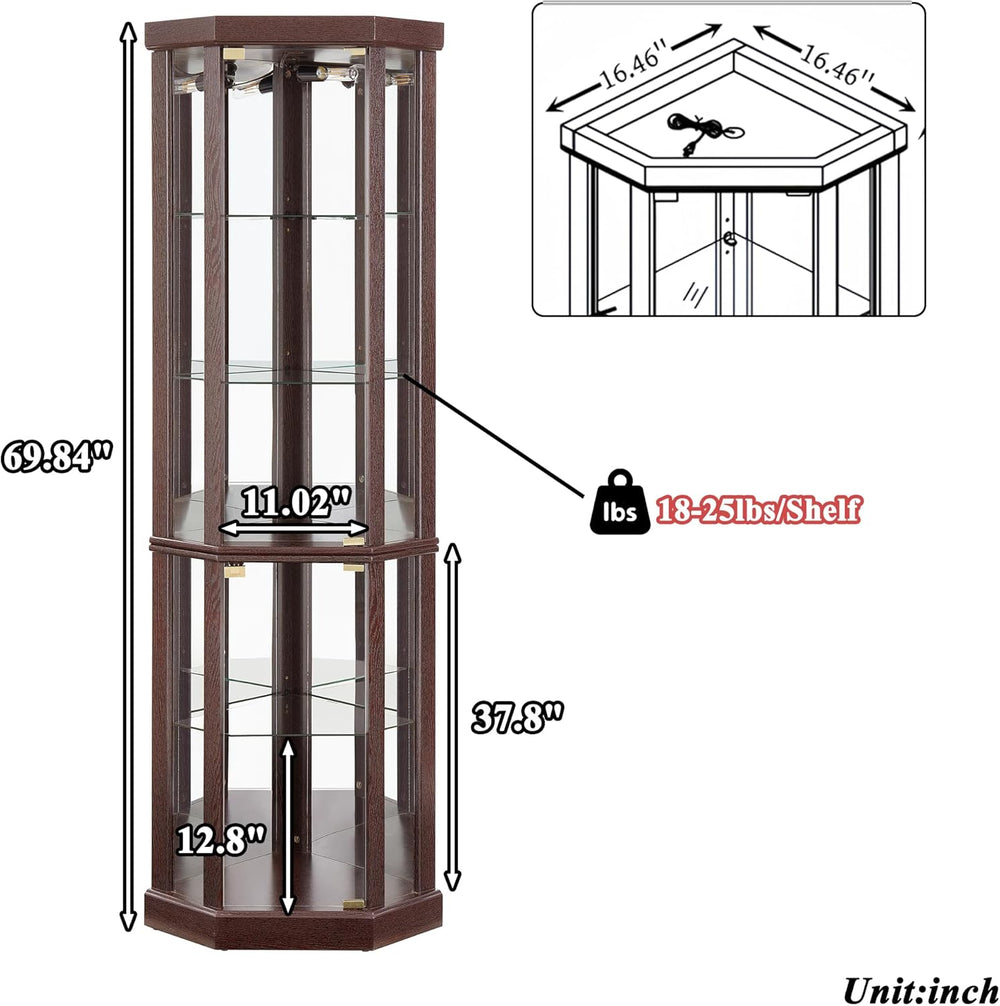 69" H Lighted Corner Display Cabinet, Curio Corner Glass Cabinet w/Adjus...