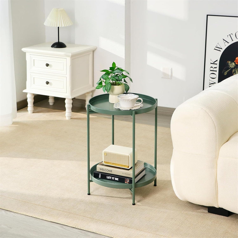 2-Tier Round End Side Table, Small Metal Side Table with Removable Tray, Fold...