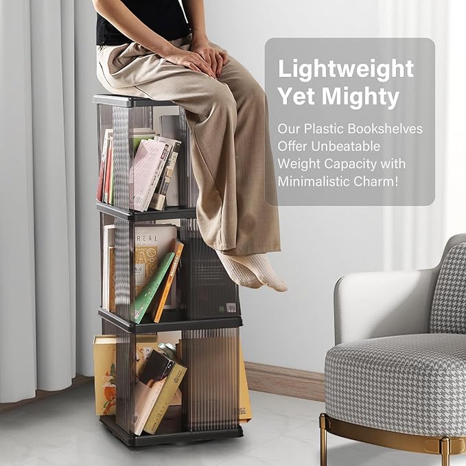 4 Tier Rotating Bookshelf, Small Corner Bookshelf for Small Space, 360 Display Floor Standing Bookcase, Lazy Susan Plastic Narrow Book Organizer Shelf for Bedroom, Living Room, Rectangular