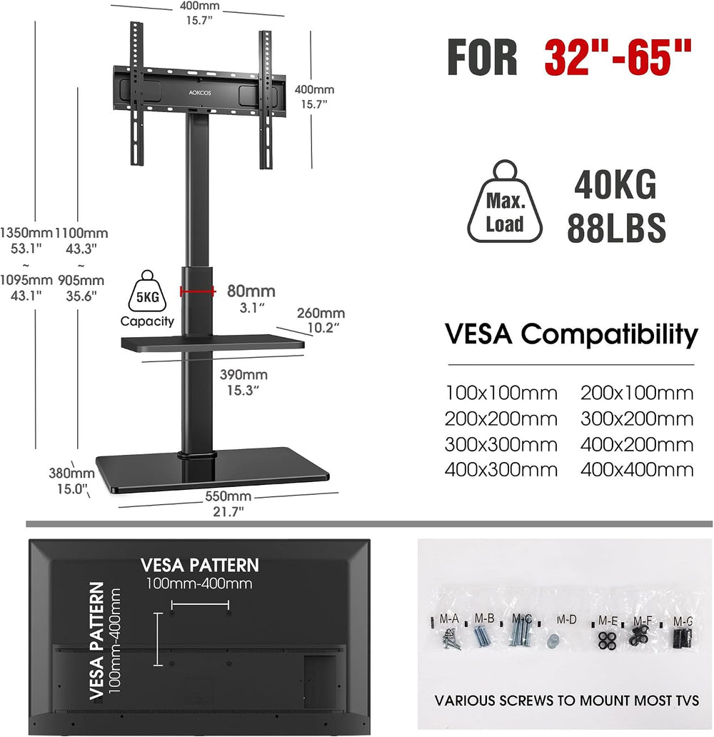 AOKCOS Floor TV Stand with 60-Degree Swivel, TV Floor Stand for 32-65 inch TV...