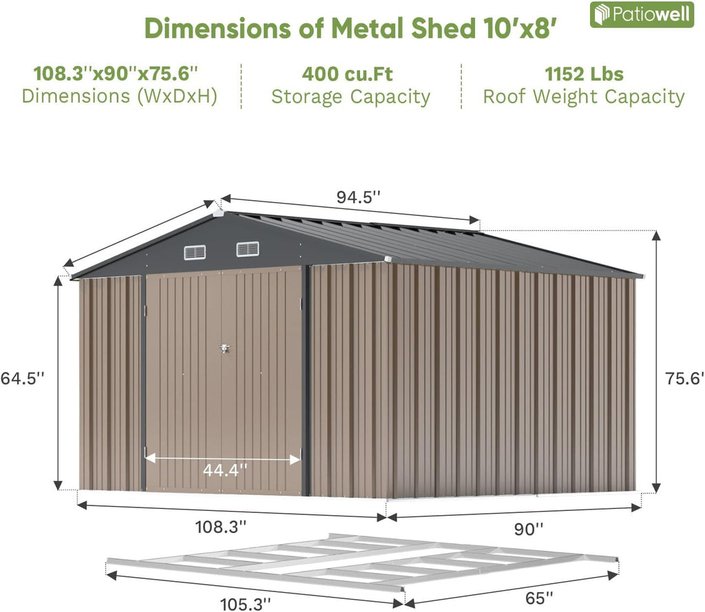 Patiowell 10 x 8 FT Outdoor Storage Shed with Floor Frame, Large Garden Tool Metal Shed with Sloping Roof and Double Lockable Door for Backyard Garden Patio Lawn,Brown