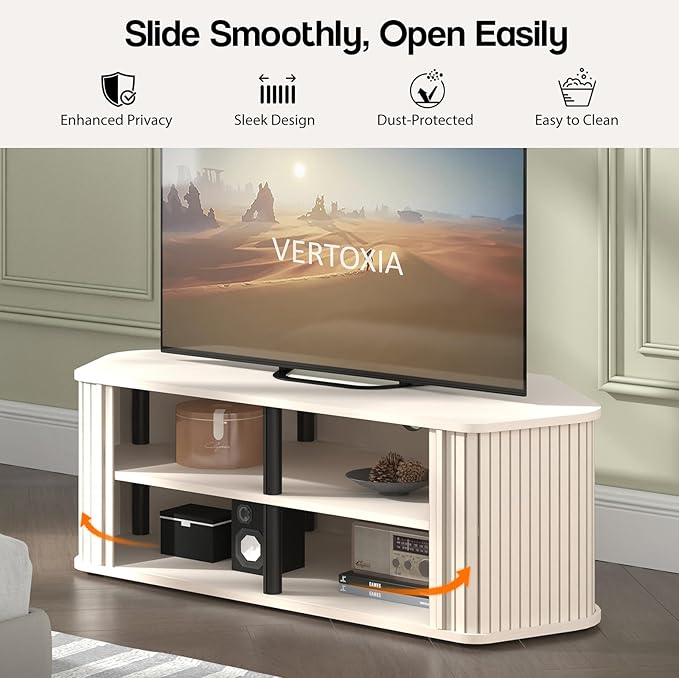 Corner TV Stand 43 Inch, Mid Century Corner Entertainment Center with Sliding Tambour Door, Media Console Table with 2 Layers Storage, Fluted TV Stand for Living Room, Bedroom, Off White