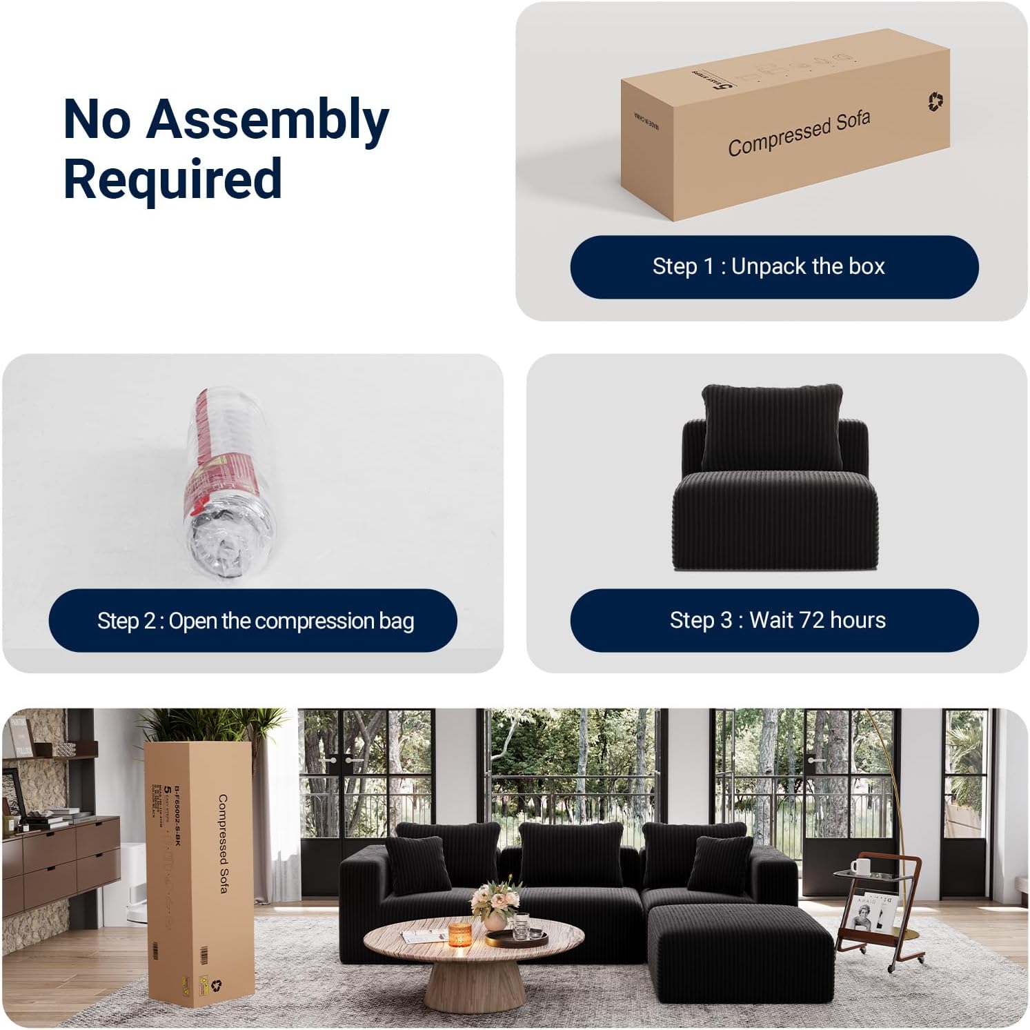 Avenco 35.4” Modular Ottoman, Corduroy Fabric, Zero Assembly Multifunctional Footrest or Extra Seat for Sectional Sofa, Black