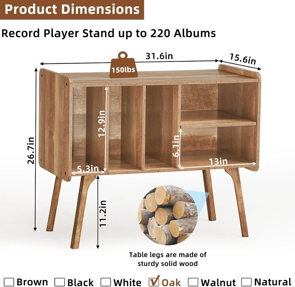 Lerliuo Record Player Stand with 4 Cabinet Holds Up to 220 Albums,Oak | Large Turntable Stand with Wood Legs, Mid-Century Record Player Table,Vinyl Holder Storage for Bedroom Living Room