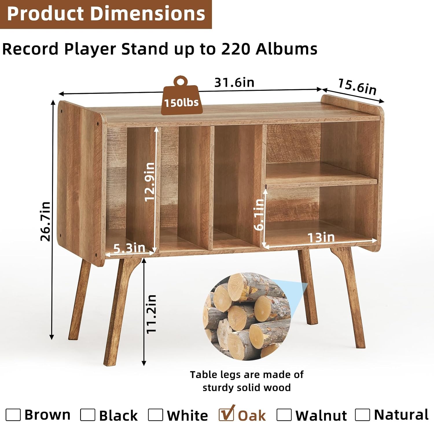 Lerliuo Record Player Stand with 4 Cabinet Holds Up to 220 Albums,Oak | Large Turntable Stand with Wood Legs, Mid-Century Record Player Table,Vinyl Holder Storage for Bedroom Living Room