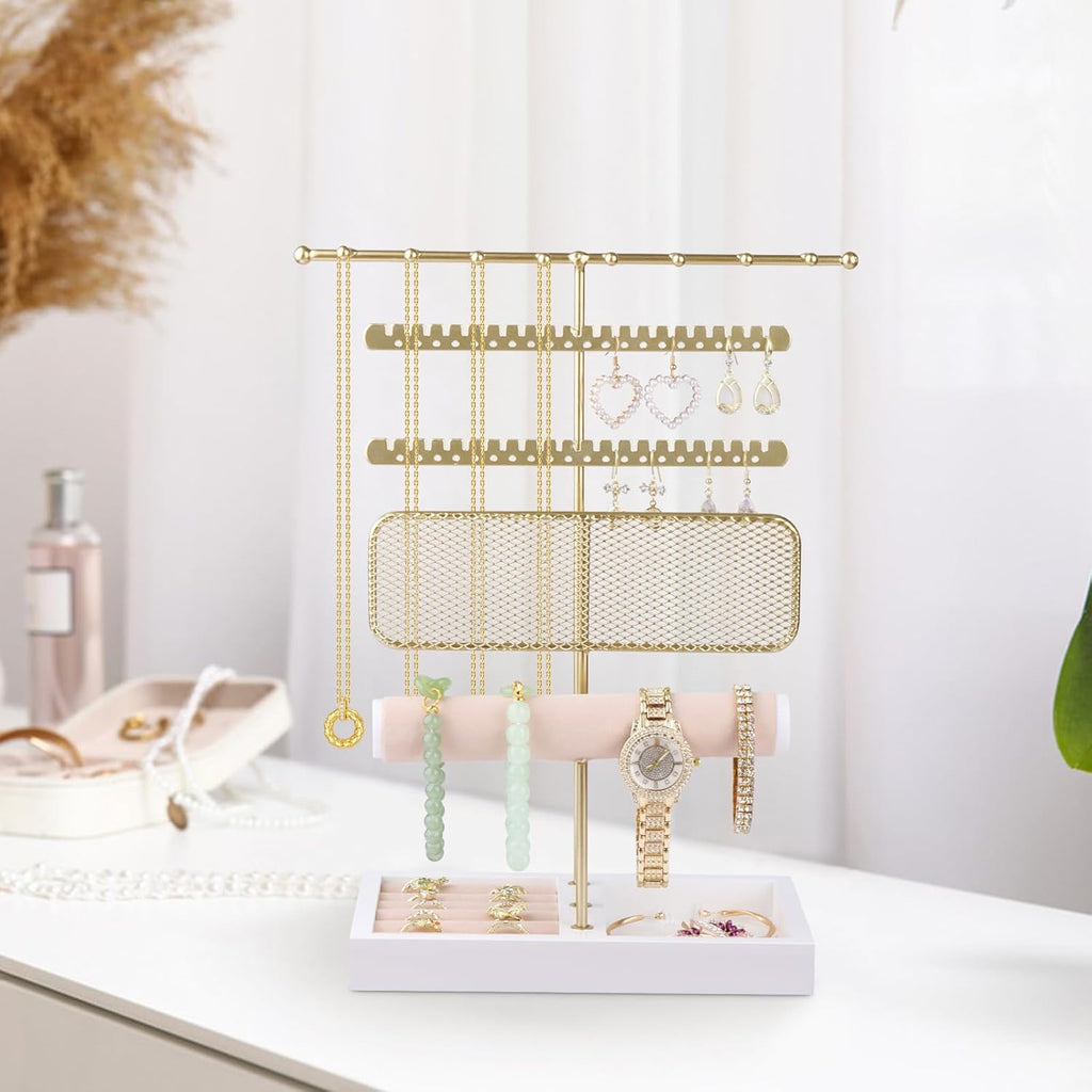 Hyber&Cara 3 Tier Jewelry Display Stand with Tray Jewelry Organizer Gold Jewelry Holder Stand for Bracelet Necklace Earrings Rings