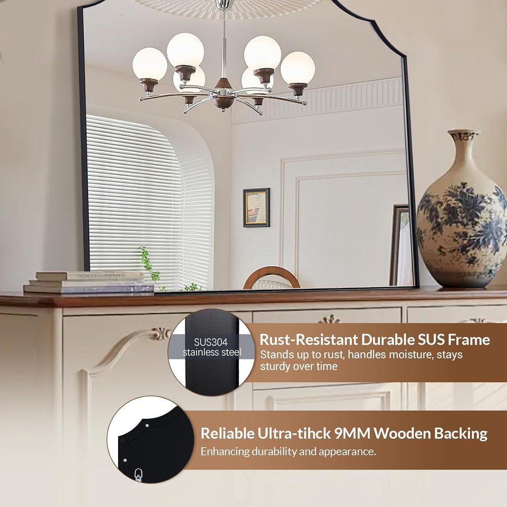 ANDY STAR Scalloped Arched Mantel Mirror, 32x28 Inch Black Vanity Mirror in S...