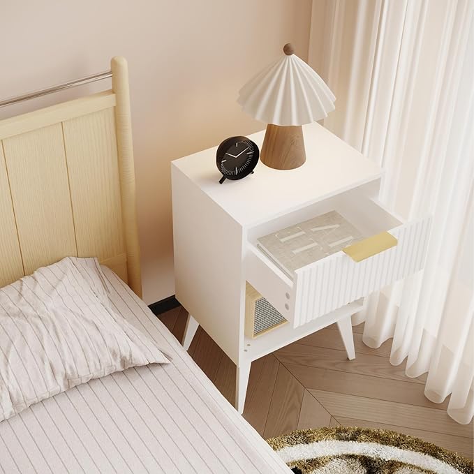 Fluted Night Stand with Opening Storage,Mid Century Bedside Table with Drawer...