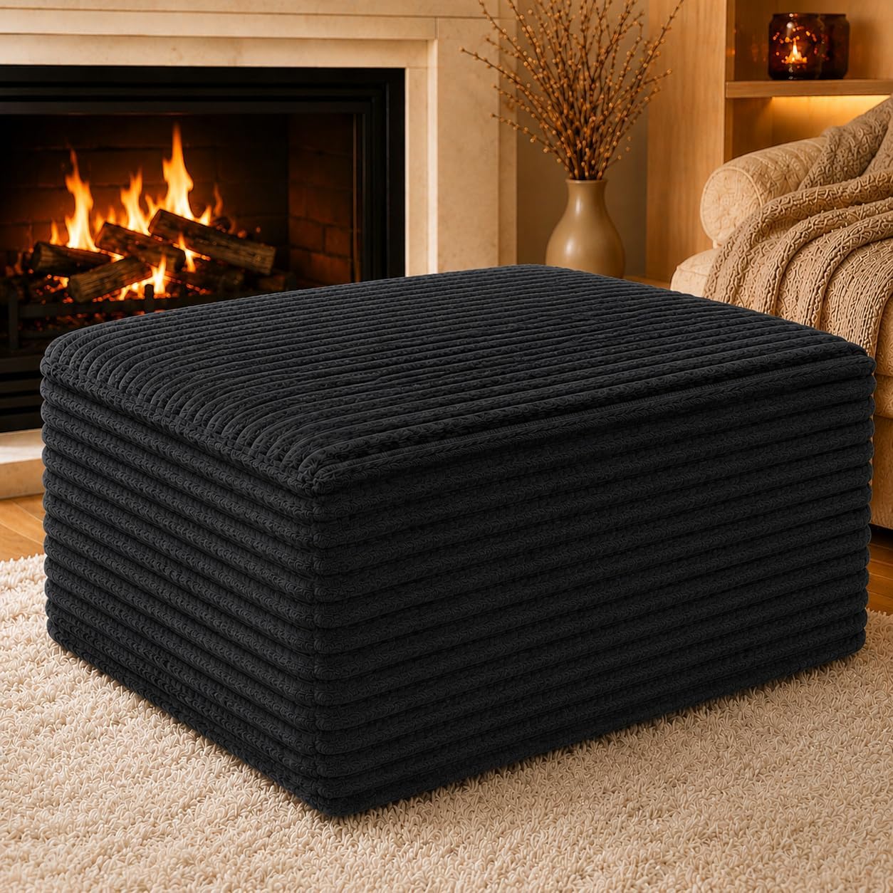 25.6" Corduroy Ottoman Foot Rest,Plush Memory Foam Couch Ottomans,Boneless Compressed Sofa in a Box for Living Room No Assembly Require,Black