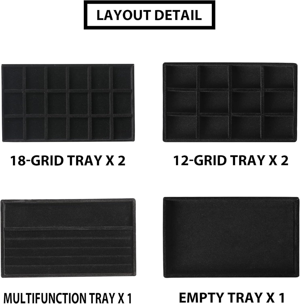 Frebeauty Jewelry Organizer Tray,Stackable Velvet Jewelry Trays,Drawer Inserts Earring Organizer For Women Jewelry Storage Display Case for Rings Stud Necklaces,Set of 6(Black)