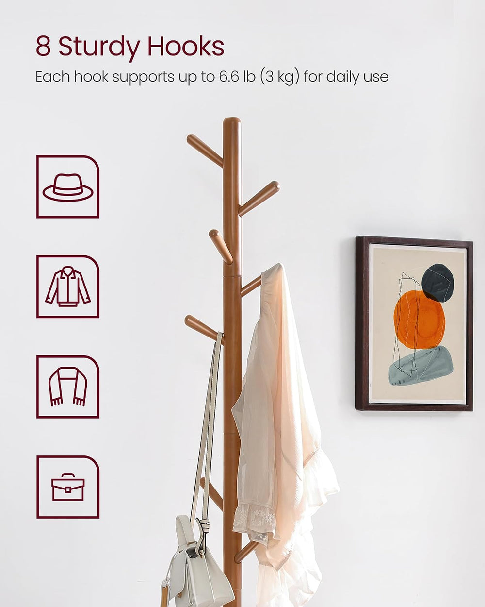 VASAGLE Solid Wood Coat Rack, Free Standing, 8 Hooks, 3 Height Options