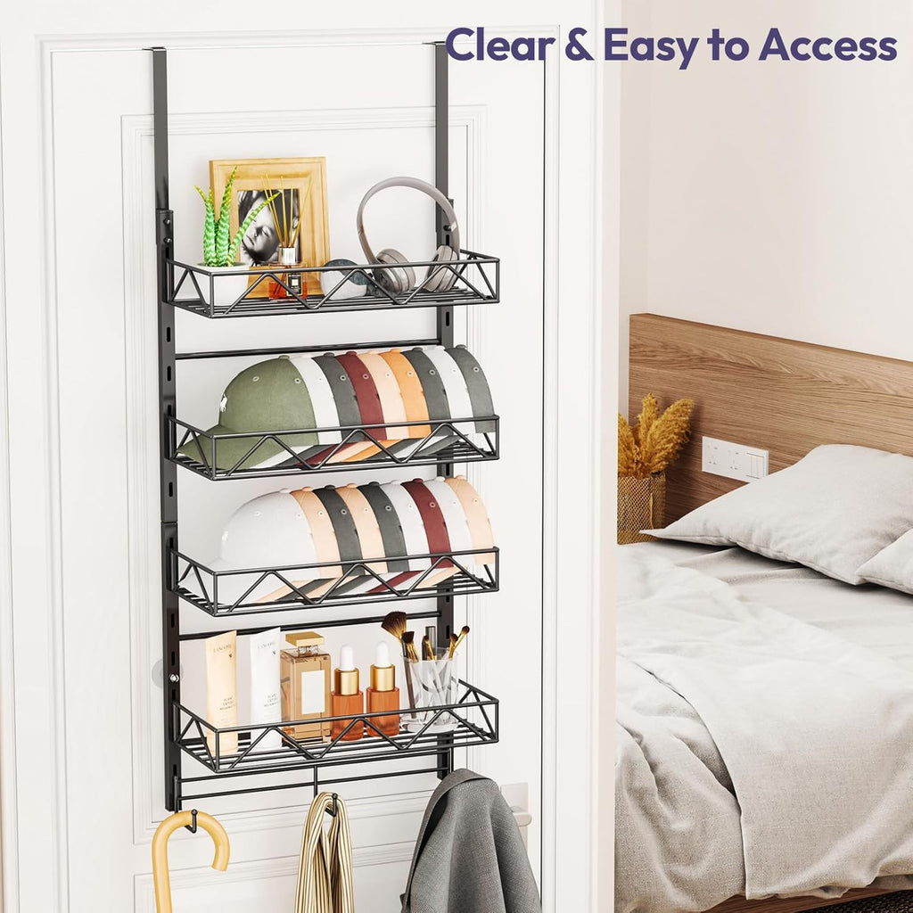 SWTYMIKI Over Door Hat Organizer - 5 Tier Wall Mounted Hat Rack with 4 Adjustable Metal Basket and 3 Hooks, Hanging Baseball Cap Organizer Storage Holds up to 49 Caps for Door, Bedroom, Closet