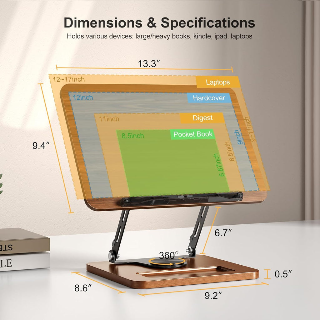 Book Stand for Reading, 360° Rotating Hands Free Book Holder, Adjustable Height and Angle, Page Clip for Cookbook, Recipe, Magazine, Laptop,Tablet, Foldable for Kitchen, Office, School