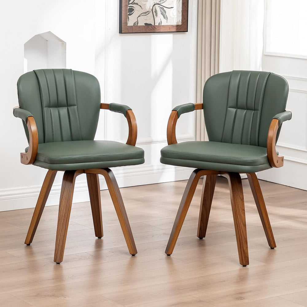 Swivel Dining Chairs Set of 2 Mid Century Modern Green Faux Leather Upholster...